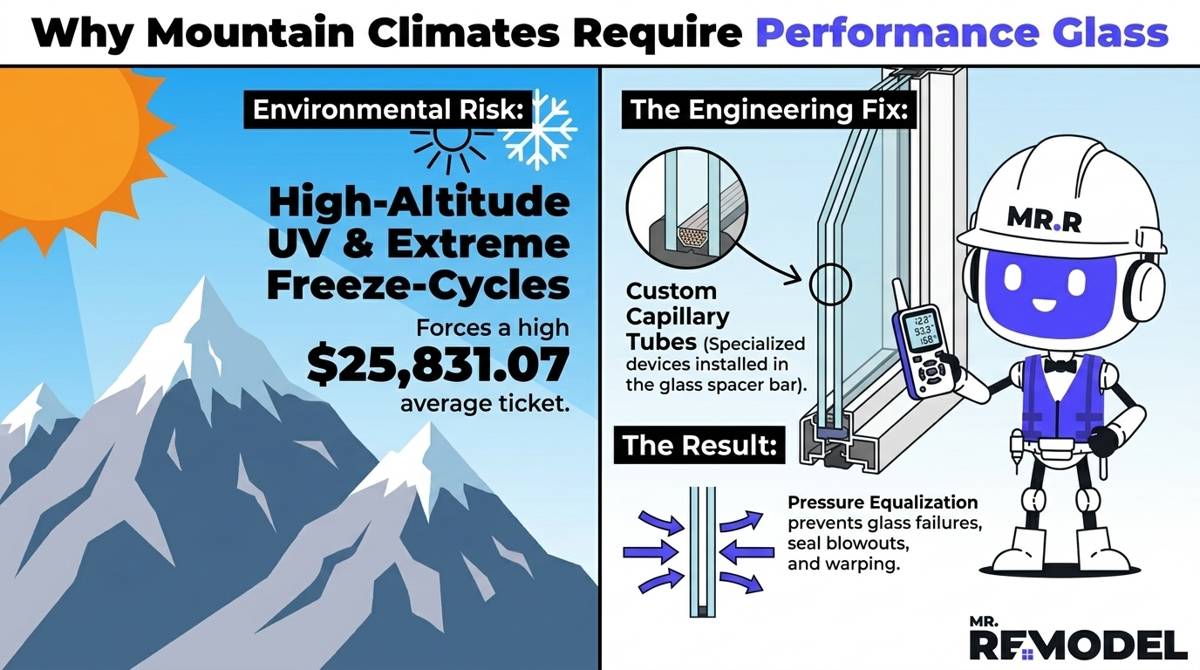 A 2026 regional window performance infographic showcasing how specialized high-altitude capillary tubes prevent glass failures in mountainous climates, justifying the $25,831.07 average local ticket.